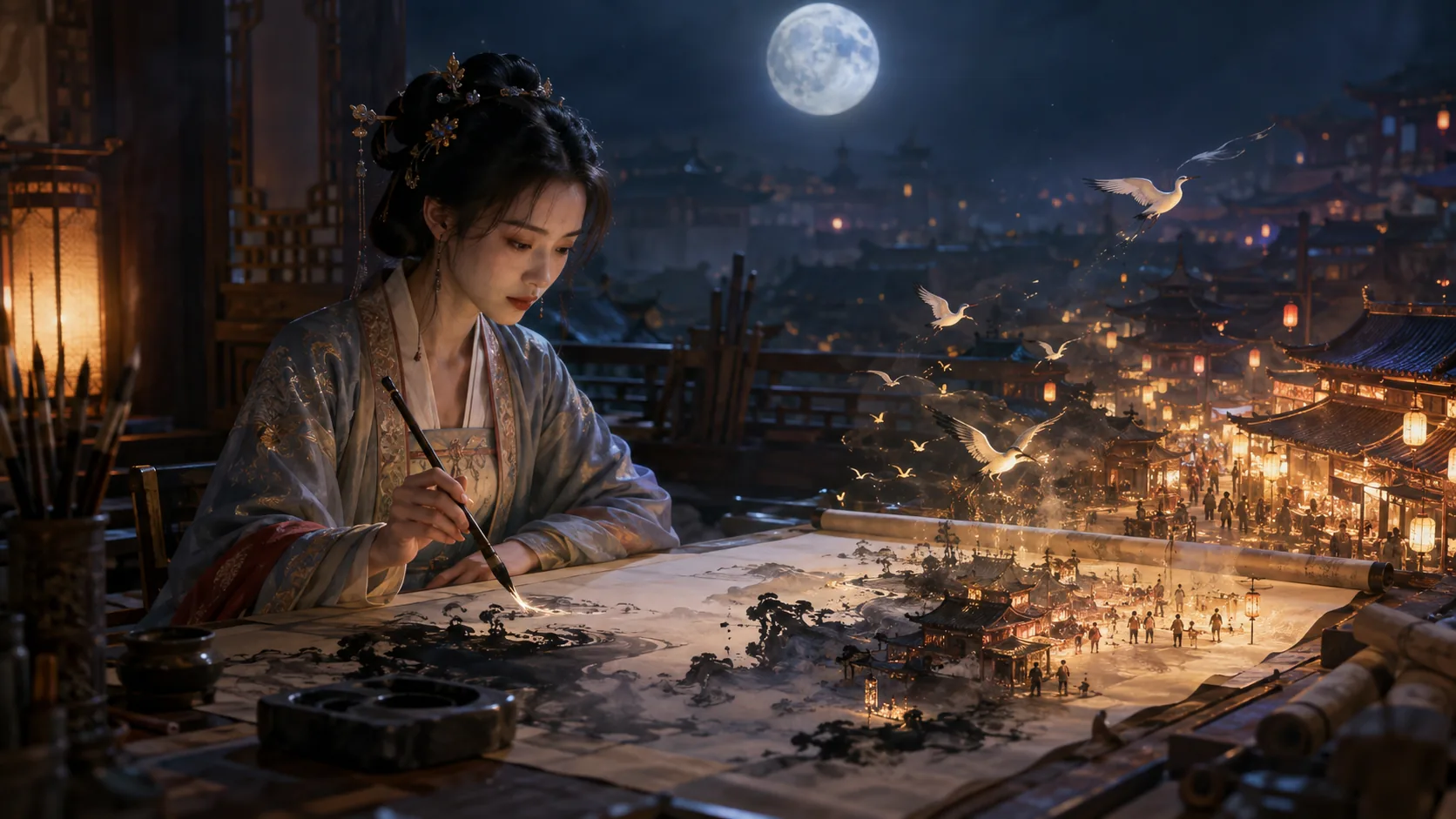 墨上长安夜原创古风奇幻短剧女画师月夜作画剧照